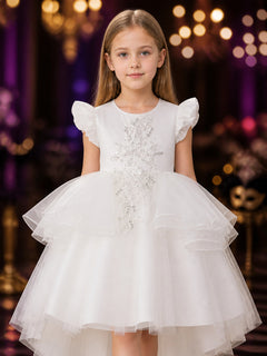 Girls' White Princess Dress, Layered Tulle Skirt with Lace Floral Embroidery