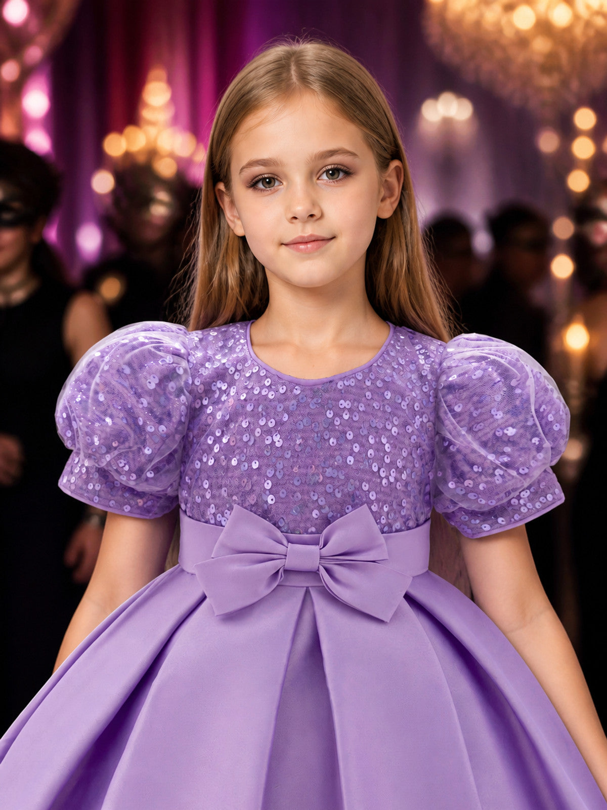 Toddler Girls' Light Purple Sequined Princess Dress with Puff Sleeves and Bow on-model view