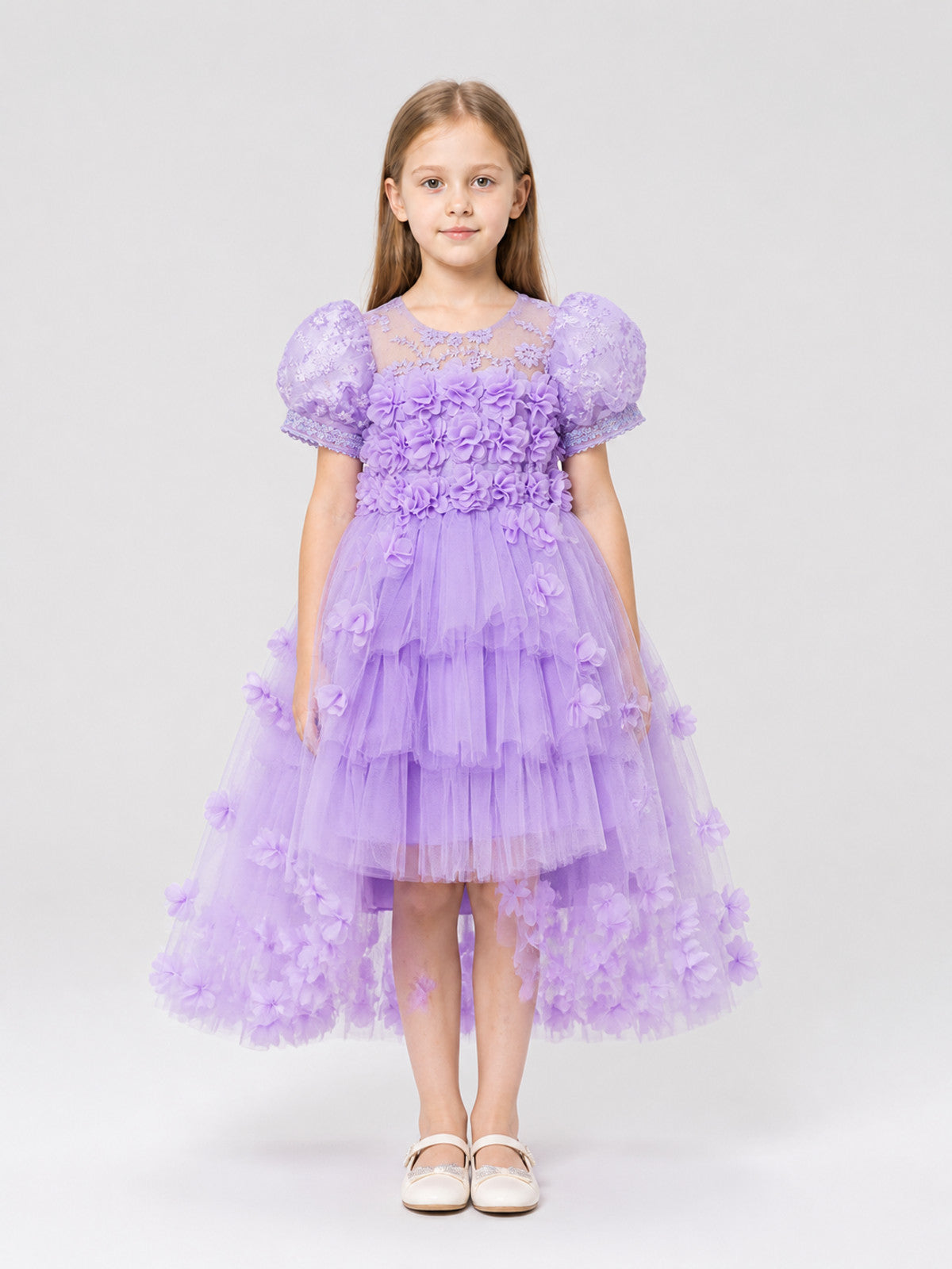 Girls' Formal Dress with Full Skirt, Lace, and Train on-model view