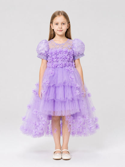 Girls' Formal Dress with Full Skirt, Lace, and Train on-model view