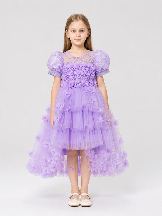 Girls' Formal Dress with Full Skirt, Lace, and Train on-model view