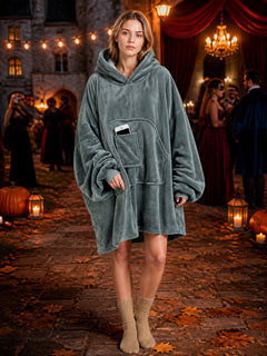 Gray Long Hooded Coat with Wide Sleeves and Large Front Pockets, Loose