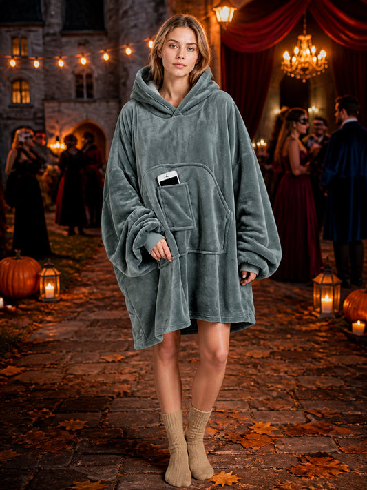 Gray Long Hooded Coat with Wide Sleeves and Large Front Pockets, Loose