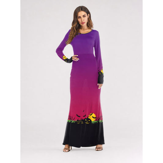 Halloween Maxi Dress with Pumpkin and Bat Print