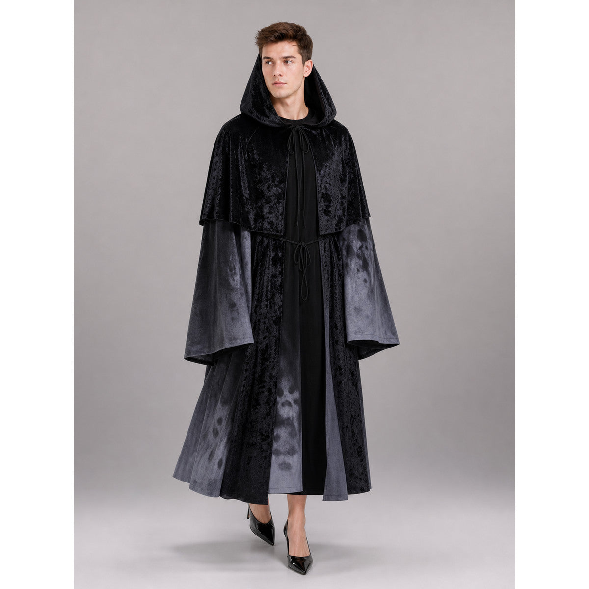 Black Hooded Gothic-Style Carnival Cloak front view