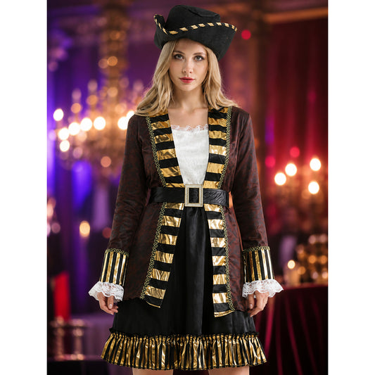 Women's Pirate Costume Set - Black & Gold Striped Jacket, Dress, Hat & Belt on-model view