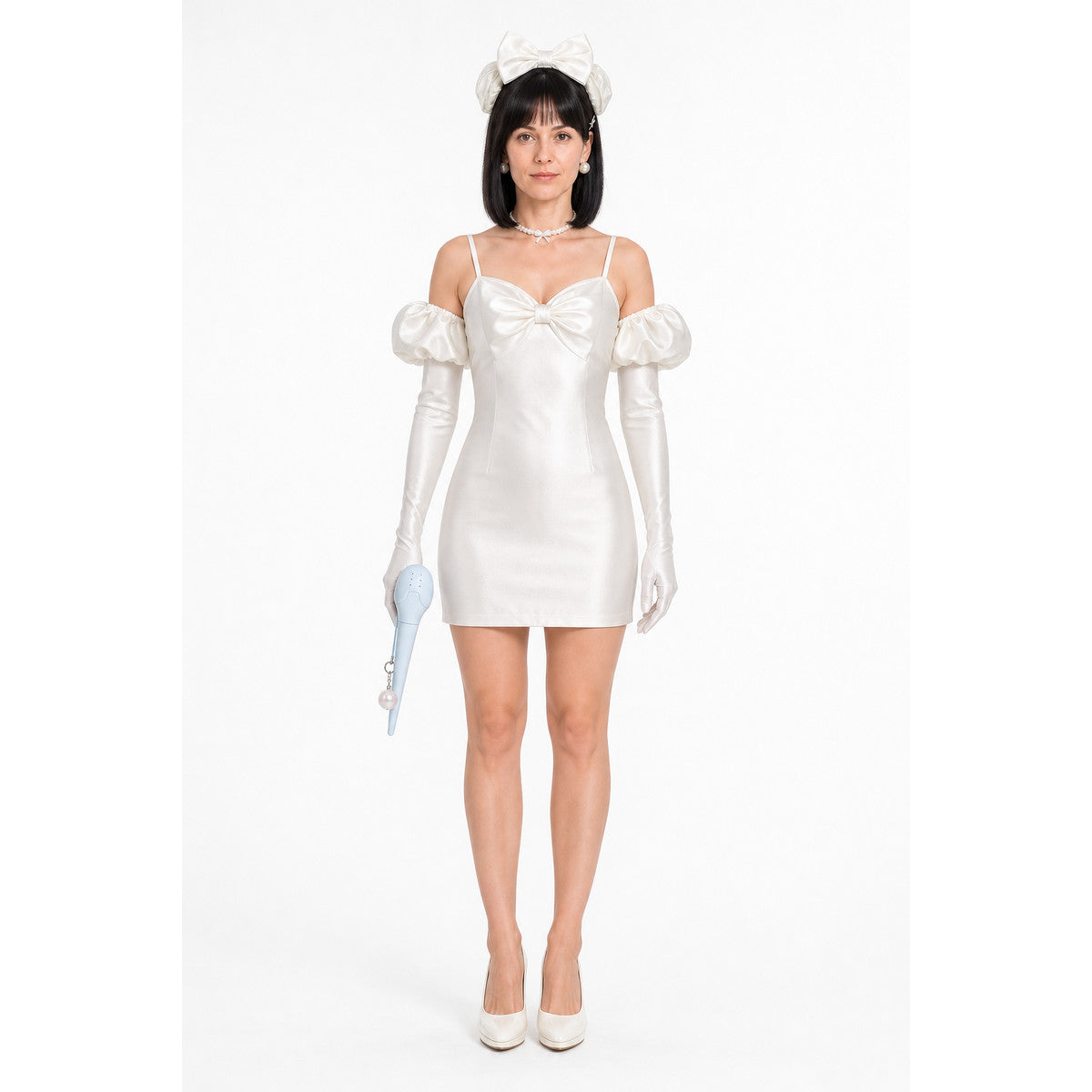 Cosplay Costume: White Dress with Bow and Black Wig main product view