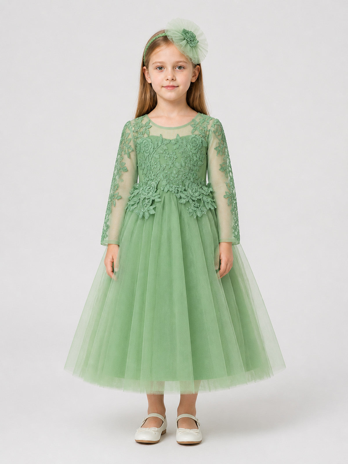 Embroidered Princess Dress with Full Skirt and Headband on-model view
