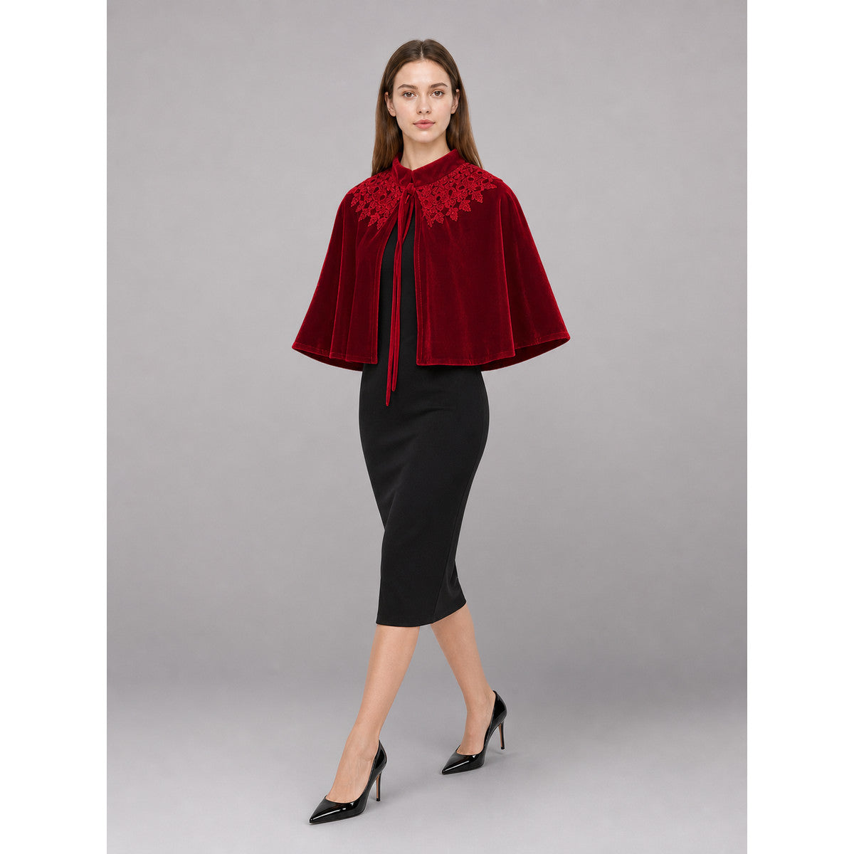 Red Decorative Costume Cloak with Wide Sleeves front view