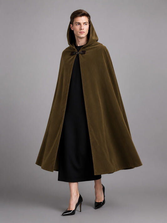 Olive hooded cloak with a flared open front, shown full-body on a model over a black outfit