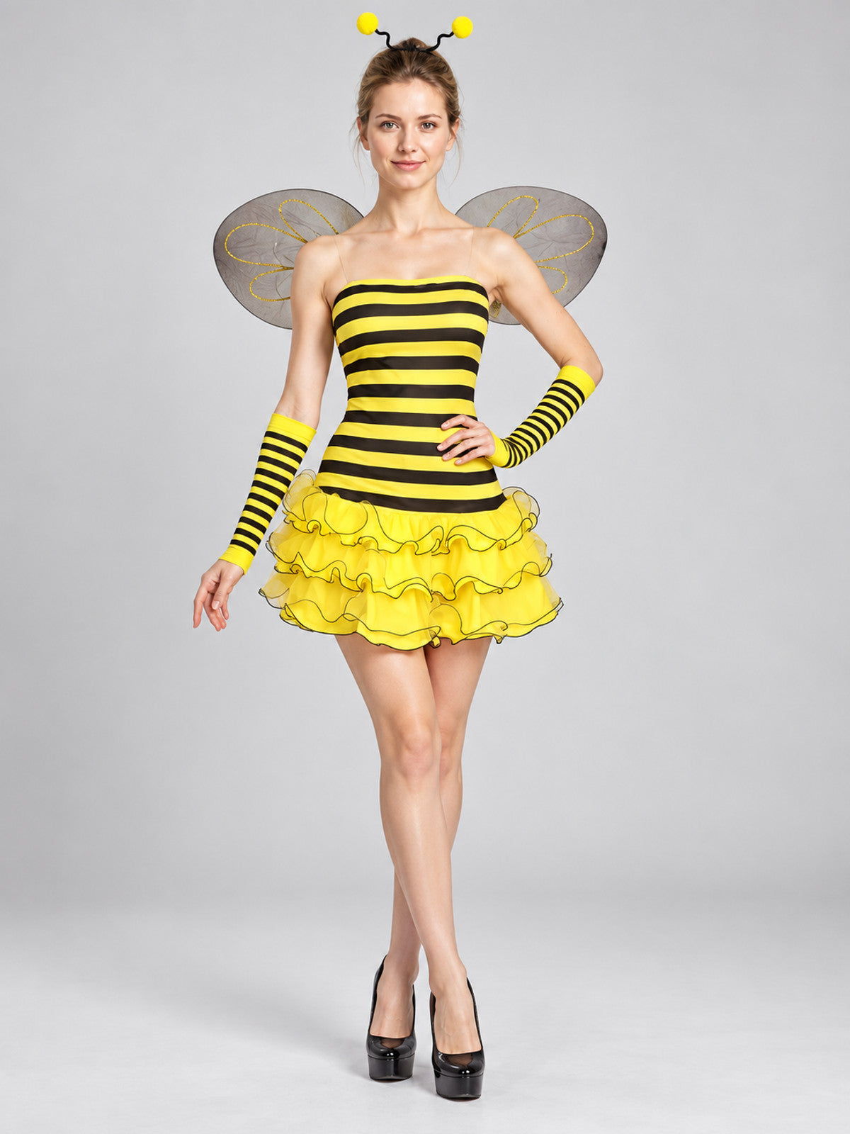Yellow-and-Black Bee Costume with Wings on-model view