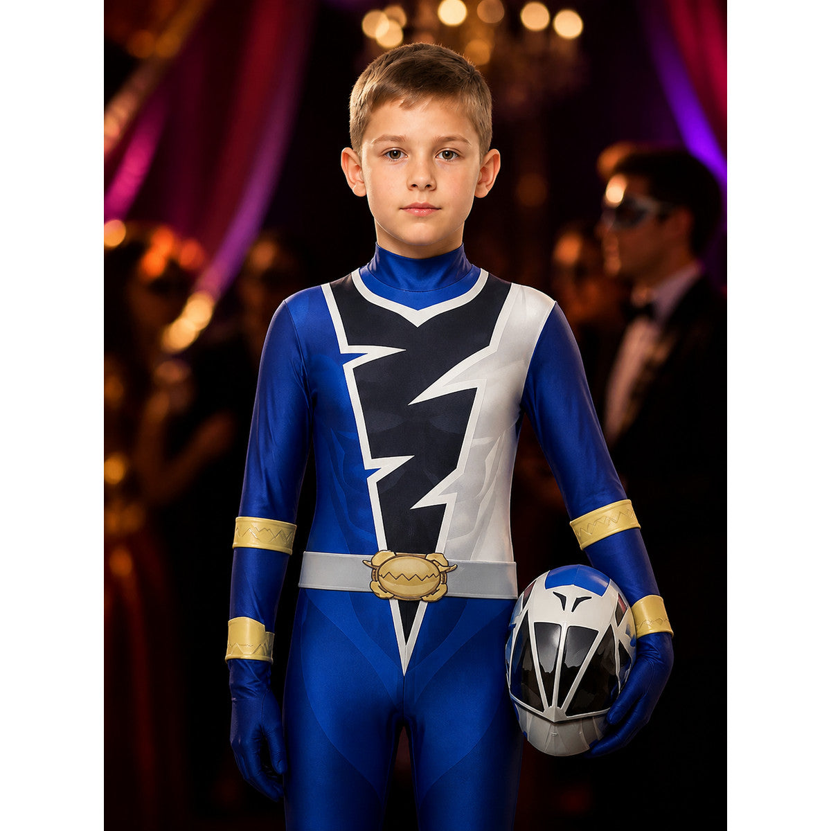 Blue Ranger Masked Bodysuit Costume with Gold Trim for Kids and Adults Halloween on-model view