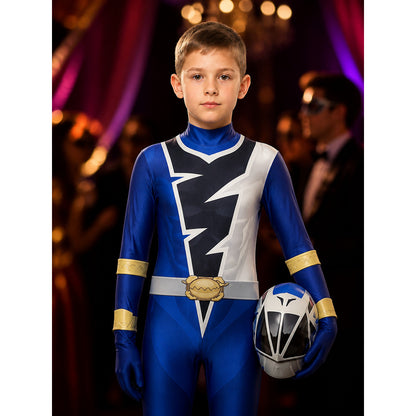 Blue Ranger Masked Bodysuit Costume with Gold Trim for Kids and Adults Halloween on-model view