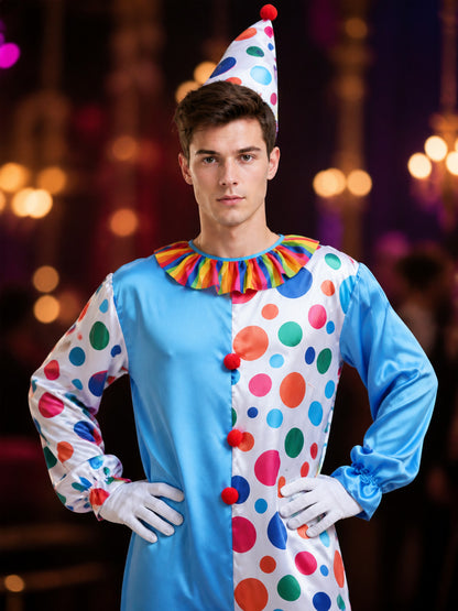 Adult Unisex Clown Jumpsuit Costume with Polka Dot Hat and Ruffle Collar for on-model view