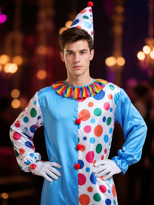 Adult Unisex Clown Jumpsuit Costume with Polka Dot Hat and Ruffle Collar on-model view