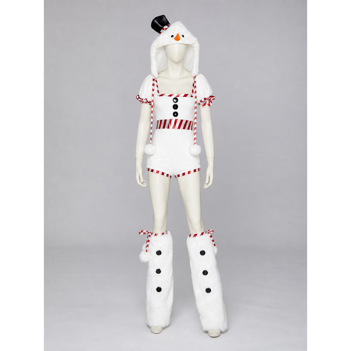 The Christmas Snowman costume is designed as a white snow character and includes a one-piece body with short sleeves and shorts, a white pointed hat, and white high leg gaiters. The design uses white, red, black, and orange colors. A red-an