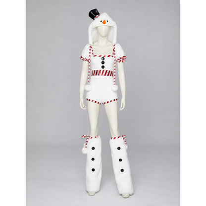 The Christmas Snowman costume is designed as a white snow character and includes a one-piece body with short sleeves and shorts, a white pointed hat, and white high leg gaiters. The design uses white, red, black, and orange colors. A red-an