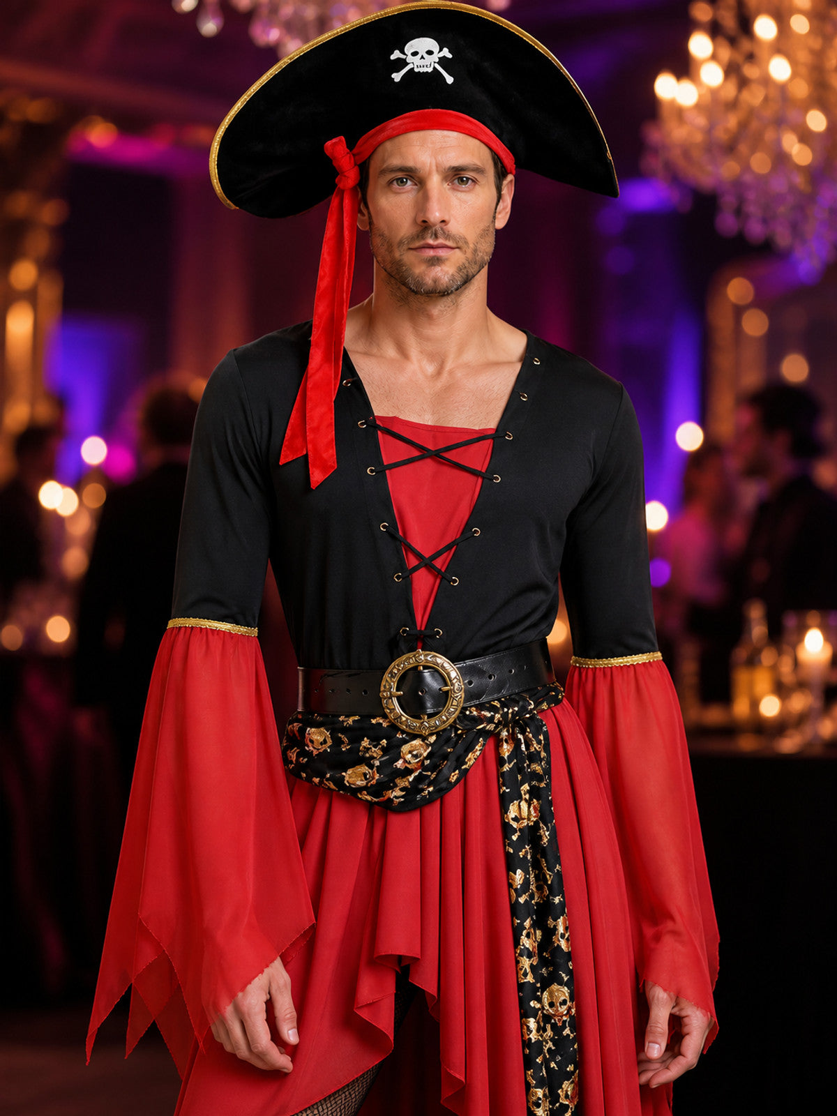 Adult Pirate Costume Set, Long-Sleeve Dress With Hat and Belt, Halloween Outfit on-model view