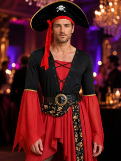 Adult Pirate Costume Set, Long-Sleeve Dress With Hat and Belt, Halloween Outfit