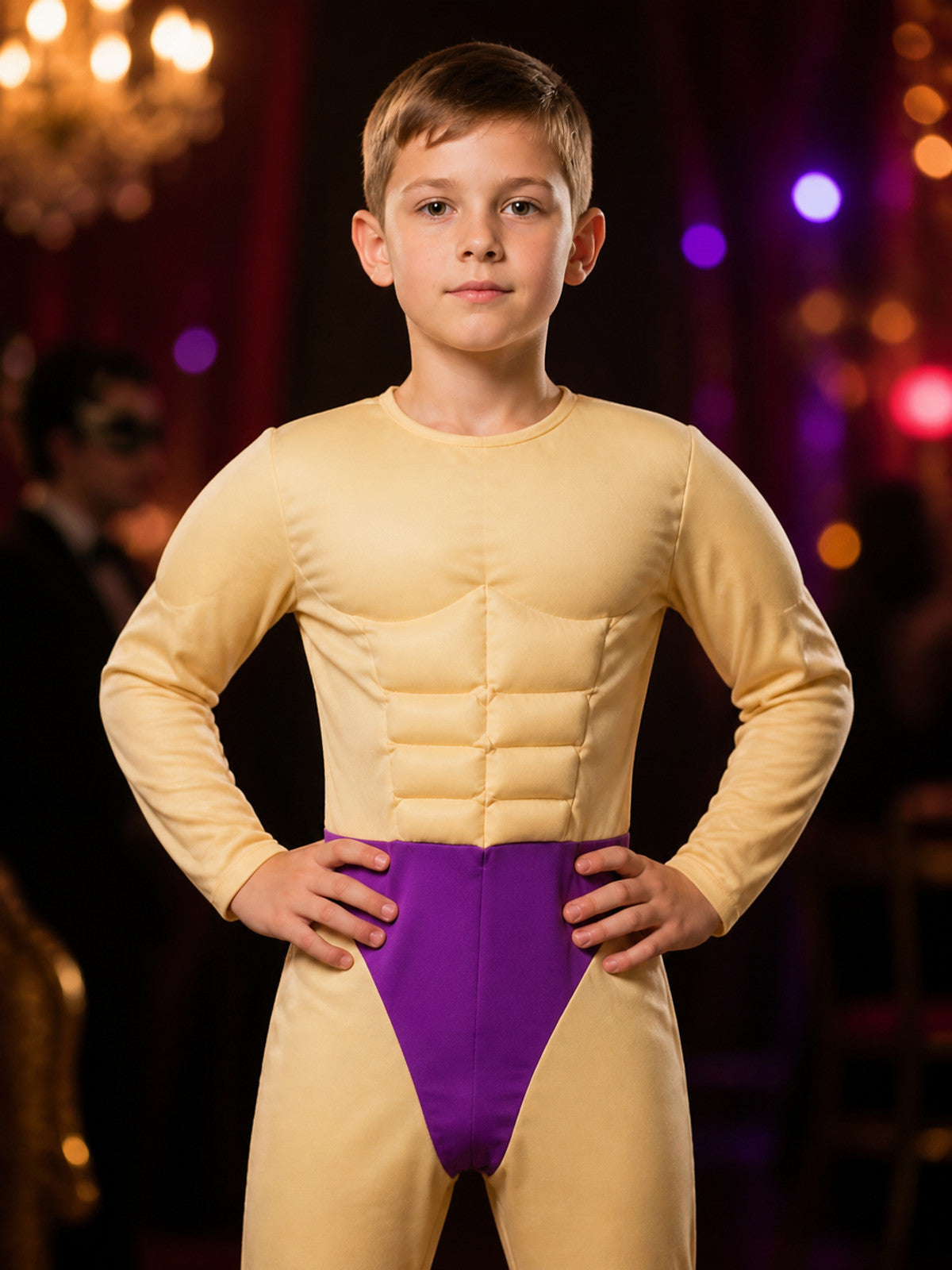 Kids' Funny Padded Muscle Bodysuit Costume, Yellow and Purple Halloween Cosplay on-model view