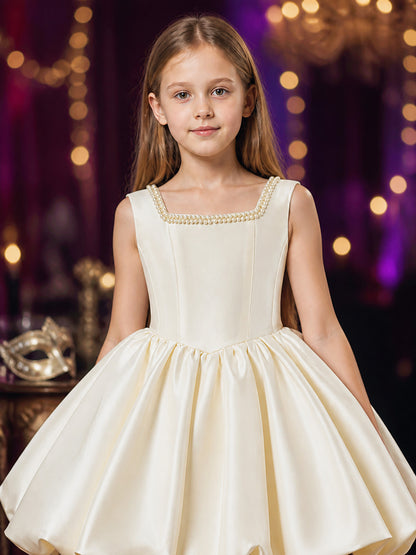 Girls' Pearl-Trimmed Princess Party Dress, Satin A-Line Formal Outfit, 4Y–8Y on-model view
