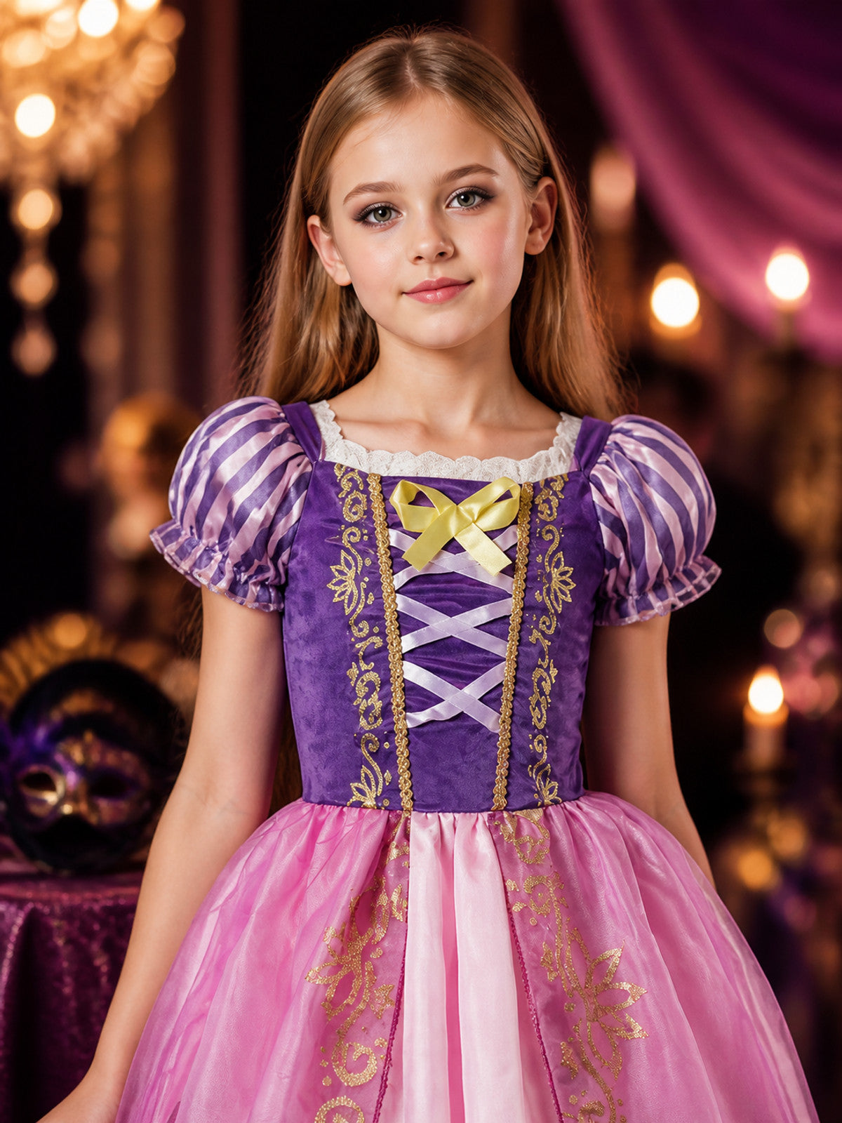 Kids Princess Costume Dress, Purple and Pink Puffed Sleeve Halloween Outfit on-model view
