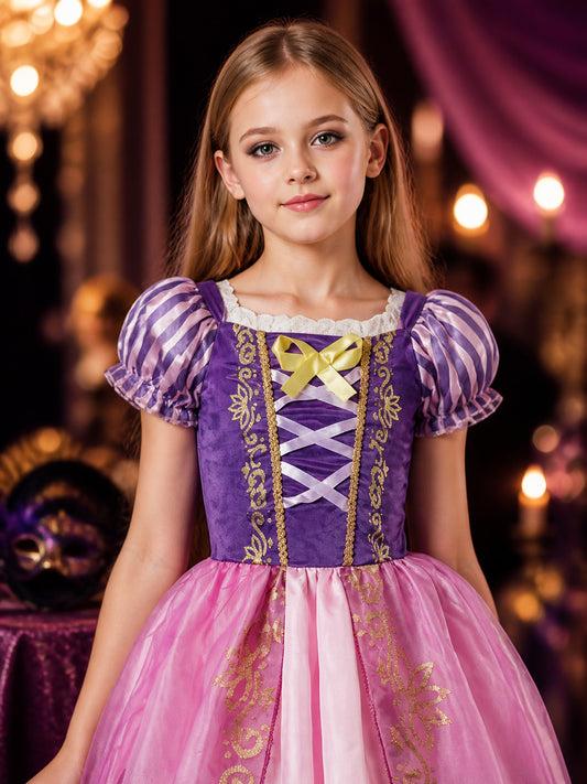 Kids Princess Costume Dress, Purple and Pink Puffed Sleeve Halloween Outfit on-model view
