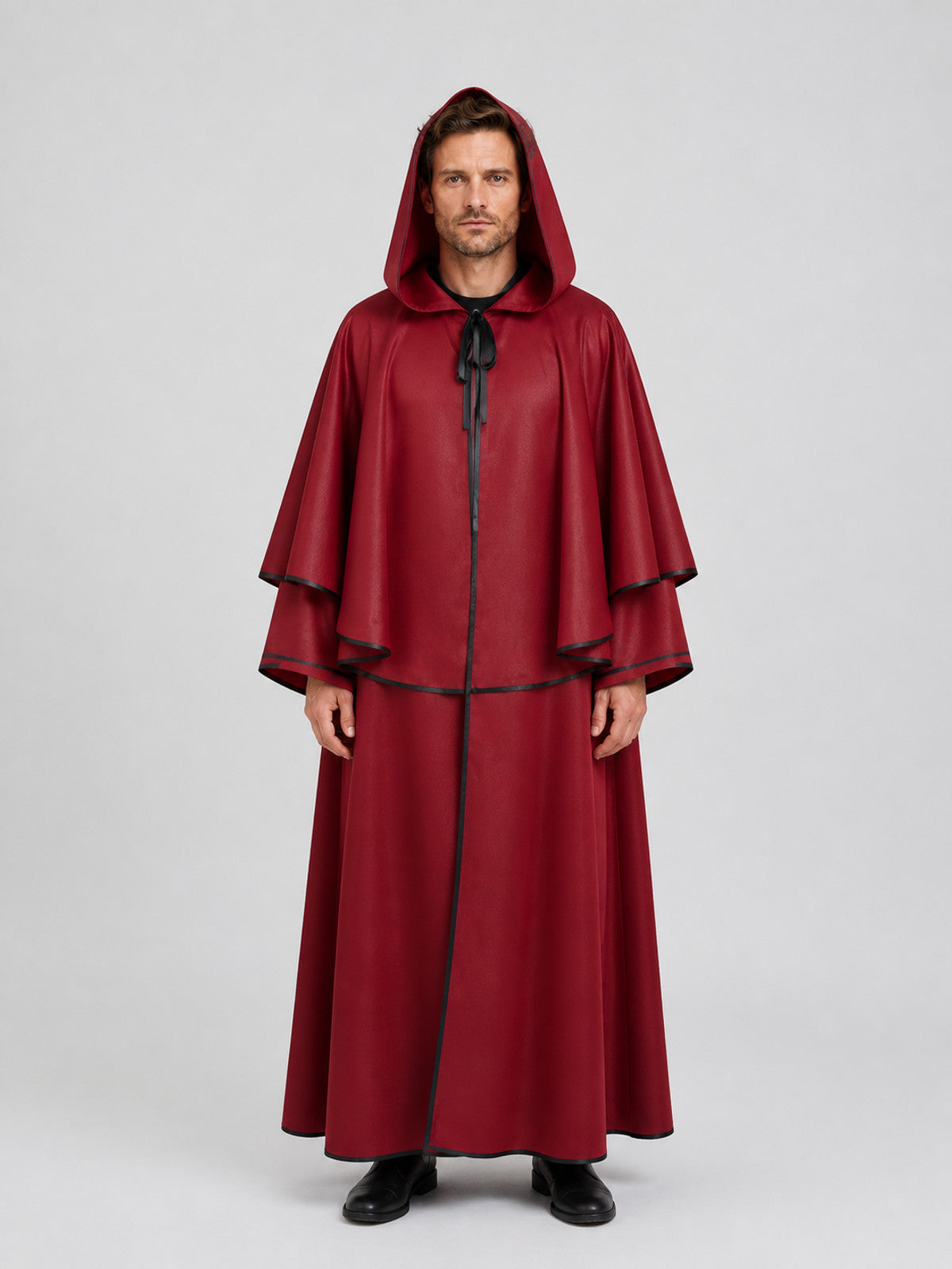 Dark Red Hooded Halloween Cosplay Cloak on-model view