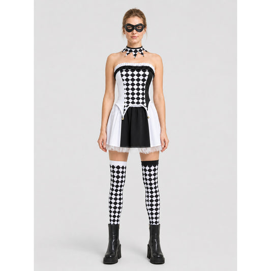Clown Costume with Black-and-White Diamonds and Apron on-model view