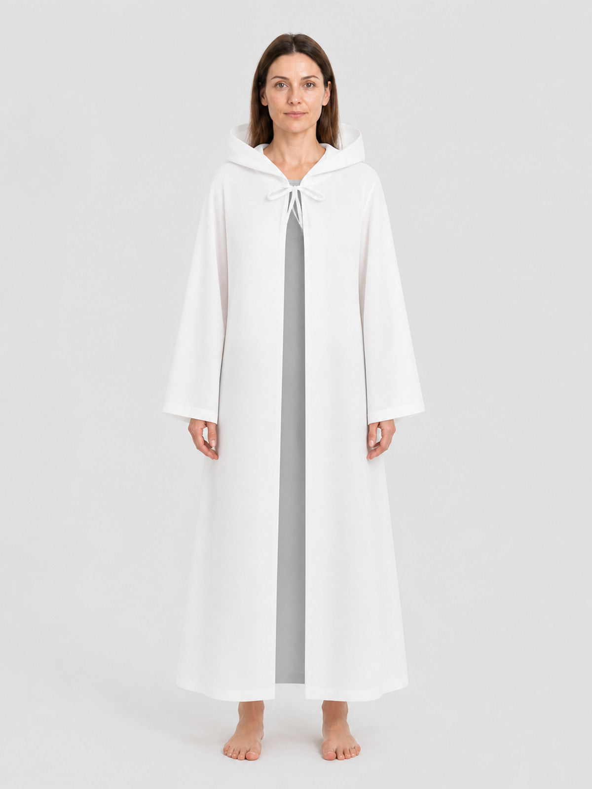 White Long Hooded Cosplay Robe on-model view