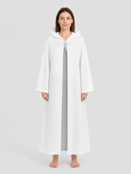 White Long Hooded Cosplay Robe on-model view