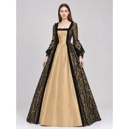 The dress is designed in a historical style with theatrical and decorative on-model view