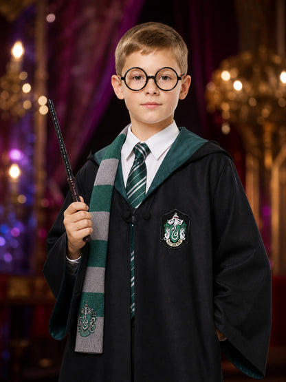 Kids Slytherin Wizard Costume Set, Hooded Robe With Scarf, Tie, Glasses And Wand on-model view