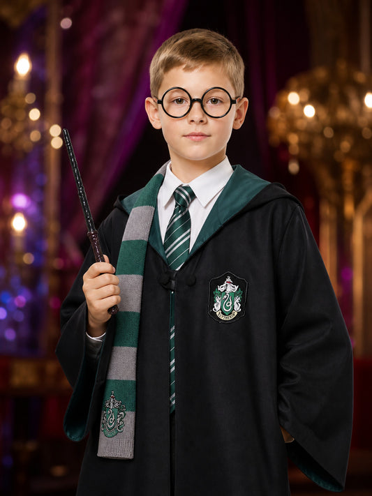 Kids Slytherin Wizard Costume Set, Hooded Robe With Scarf, Tie, Glasses And Wand on-model view