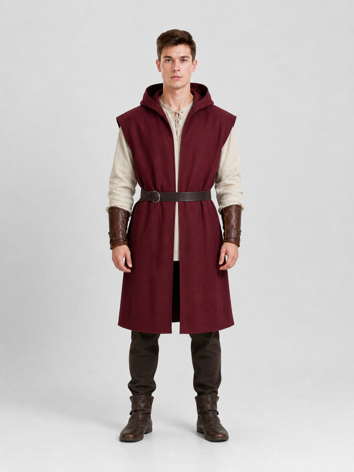 Adult Medieval Fantasy Hooded Cape, Wine Red Sleeveless Long Split-Hem Cloak