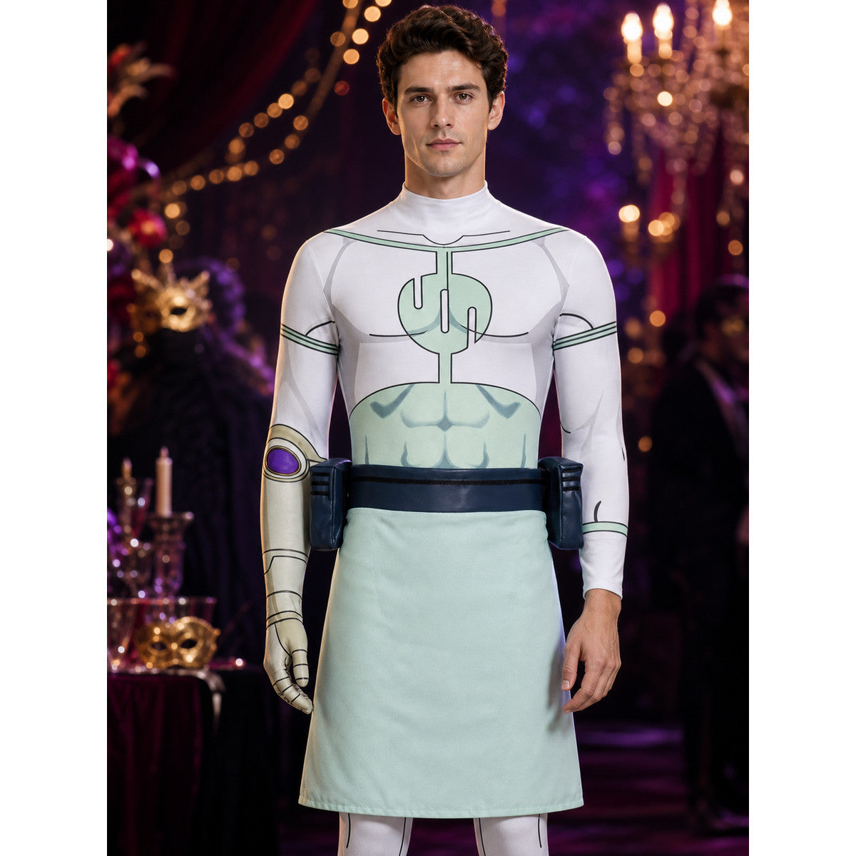 Invincible Conquest Muscle Print Cosplay Bodysuit Costume with Waist Bags and on-model view
