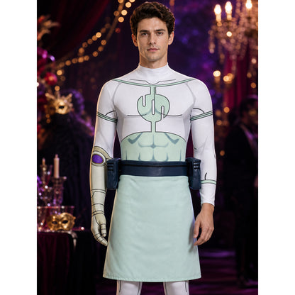 Invincible Conquest Muscle Print Cosplay Bodysuit Costume with Waist Bags and on-model view