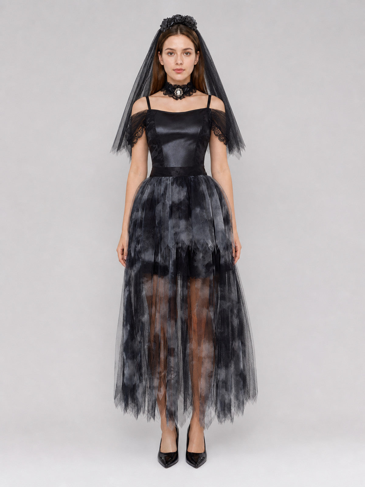 Gothic Cosplay Dress with Veil and Floral Details on-model view