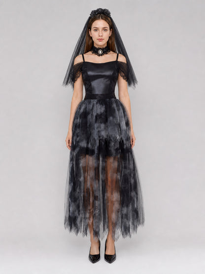 Gothic Cosplay Dress with Veil and Floral Details on-model view