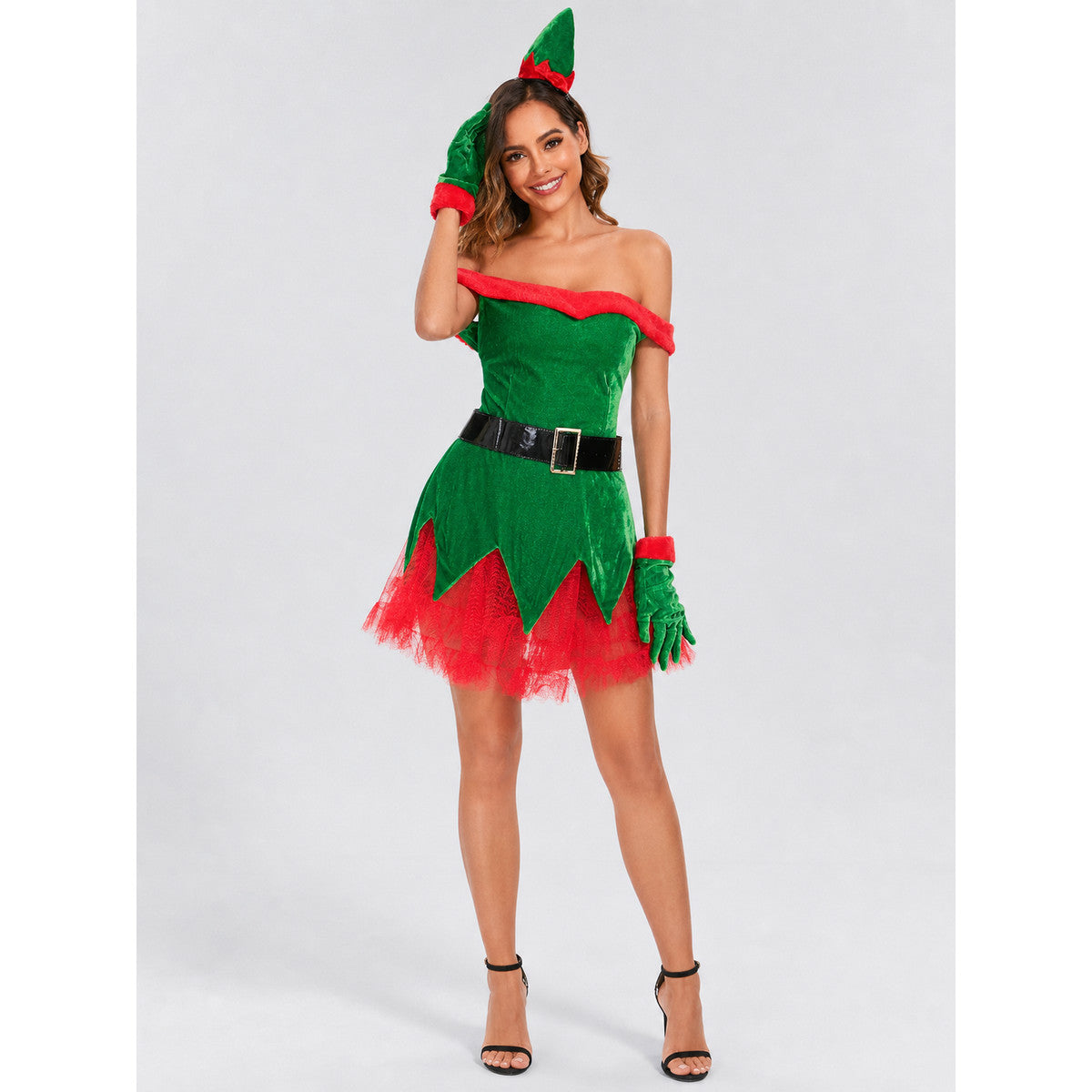 Christmas Elf Costume with Green Skirt and Red Trim