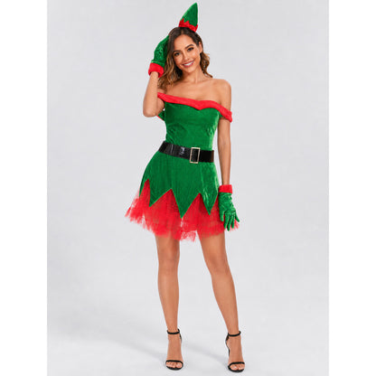 Christmas Elf Costume with Green Skirt and Red Trim