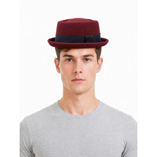 Burgundy carnival fedora hat with a dark band
