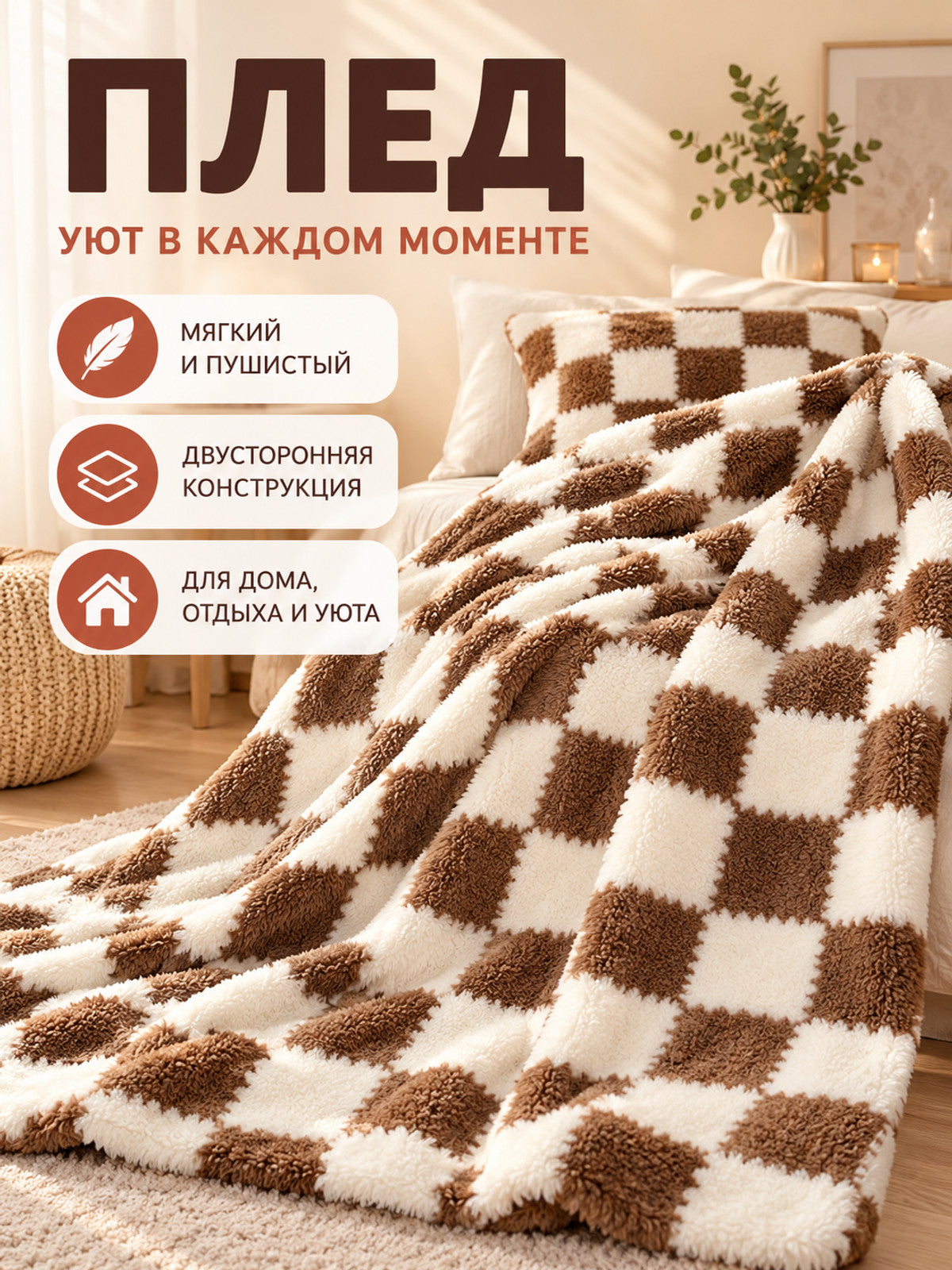 Reversible Velvet Plaid Brown and White Checkered Blanket