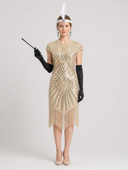 Sequined and Fringed Dress, 1920s Gatsby Set on-model view