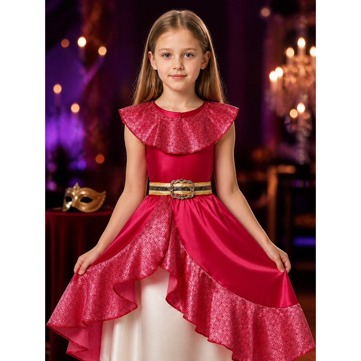 Girls' Pink Princess Costume Dress with Ruffle Collar and Gold Waistband for on-model view