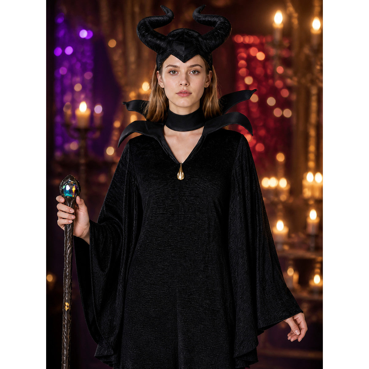 Maleficent-Inspired Halloween Costume, Black Hooded Robe With Bat-Wing Collar on-model view