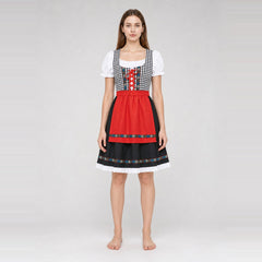 Women's Bavarian Dirndl Costume, Black Gingham Oktoberfest Dress with Red Apron & Headscarf