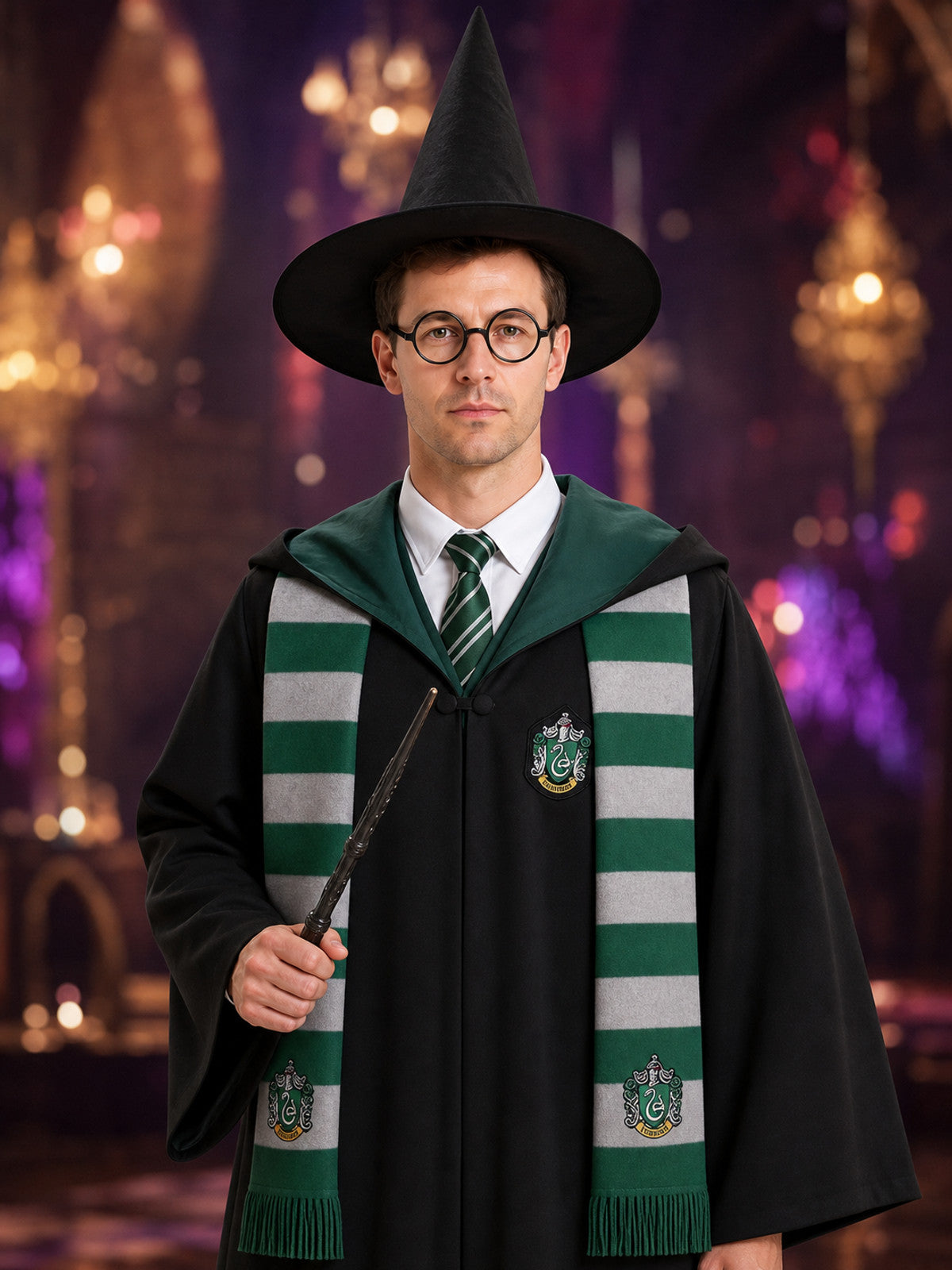Slytherin Wizard Costume Set with Hooded Robe, Scarf, Tie, Hat, Shirt and Wand on-model view