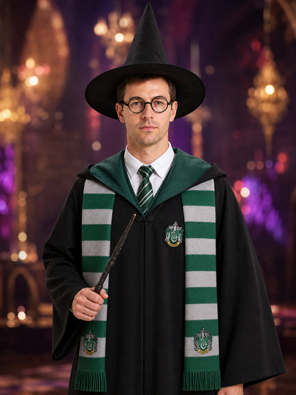 Slytherin Wizard Costume Set with Hooded Robe, Scarf, Tie, Hat, Shirt and Wand on-model view
