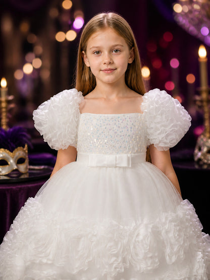 Toddler Girls' White Sequined Princess Dress with Ruffled Skirt and Bow on-model view